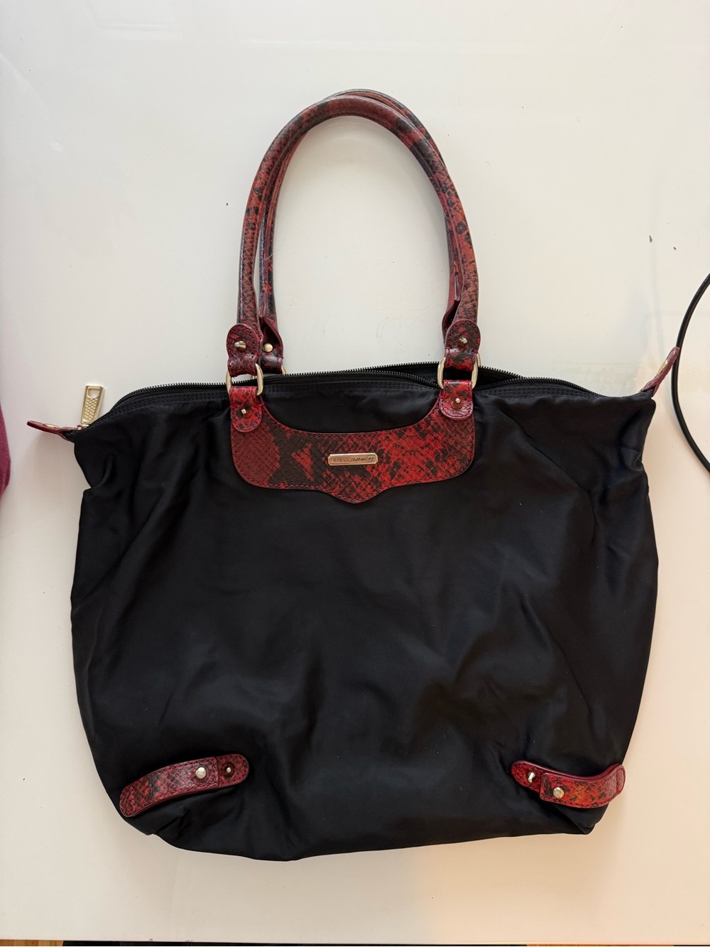 Rebecca Minkoff Black Tote with Red Snake-Print Trim